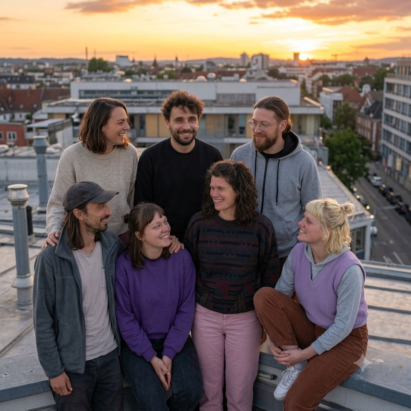 Die sieben HGS-Mitbewohner:innen auf dem Blechdach, im Gegenlicht des Sonnenuntergangs.